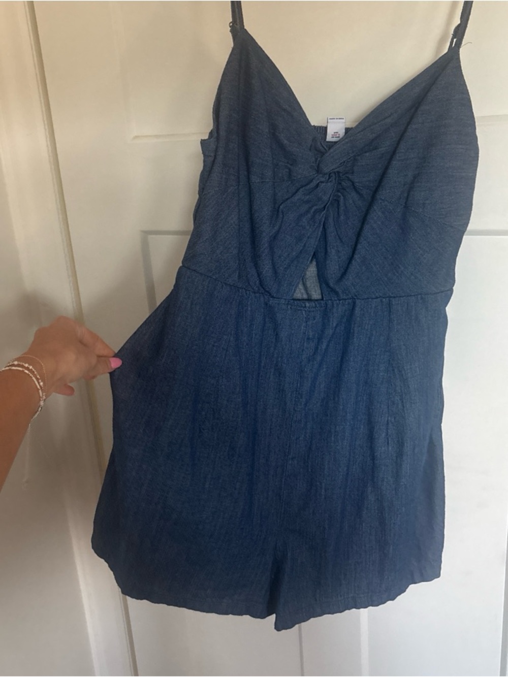 Denim-Style Knot Front Romper in Dark Blue